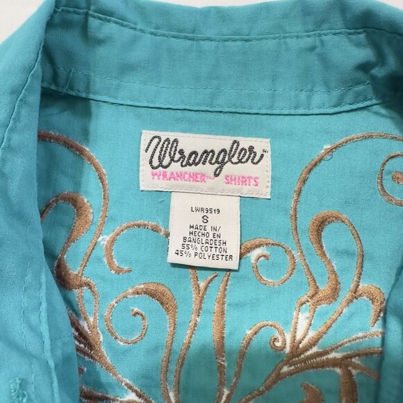 Wrangler Shirt Womens Wrancher Pearl Snap Embroidered Western Teal Sz Sm - Picture 5 of 8